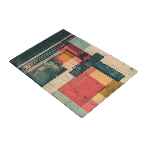 Colorful geometric-patterned glass chopping board on a white background