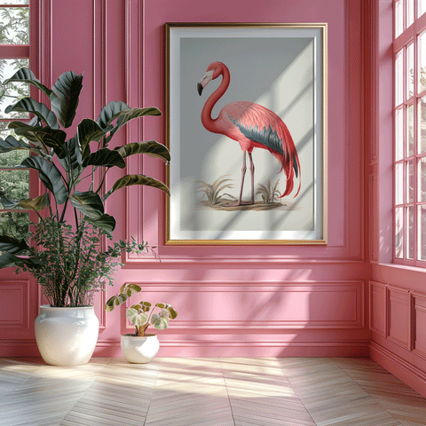 Framed art print of a pink flamingo hung on pink wall.