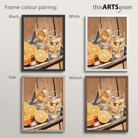 Artwork of oranges and drinks glasses on a tray in black, white, oak and walnut frames.