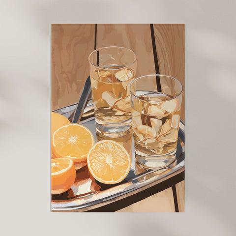 Art print of two drinks glasses with oranges on a tray