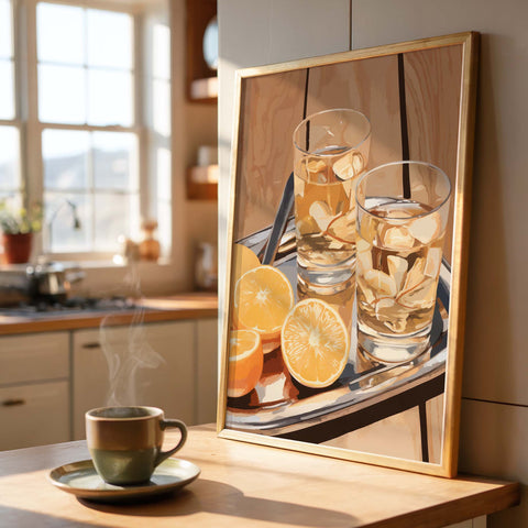 Framed art print of glasses with a drink and oranges on a kitchen counter with a cup of coffee.