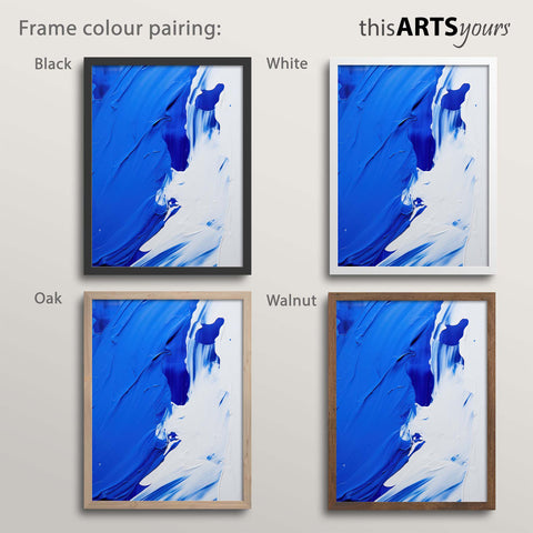 Four abstract paintings with black, white, oak and walnut frame colours, featuring 'thisARTSyours' branding.