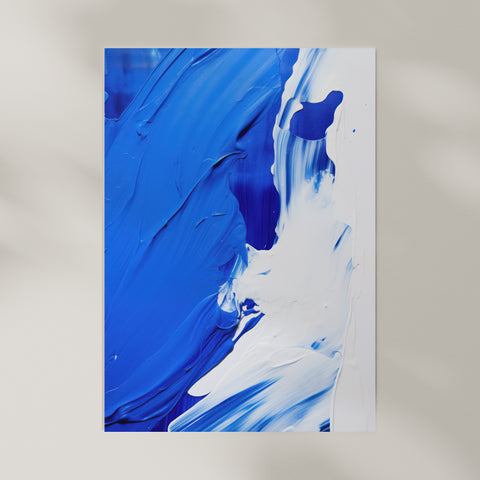 Abstract art print with blue brush strokes on a plain background