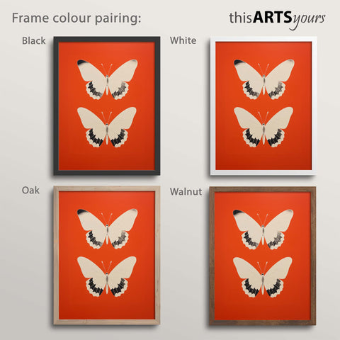 Four butterfly artworks with black, white, oak and walnut frames , featuring 'thisARTSyours' branding.