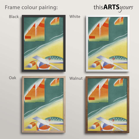 Four abstract coastal artworks with black, white, oak and walnut frames , featuring 'thisARTSyours' branding.