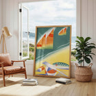 Colourful abstract framed art print in a modern living room with a view of the sea.
