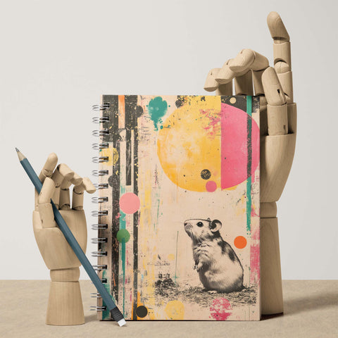 Notebook with a colorful cover featuring a hamster illustration, held by a mechanical hand on a neutral background.