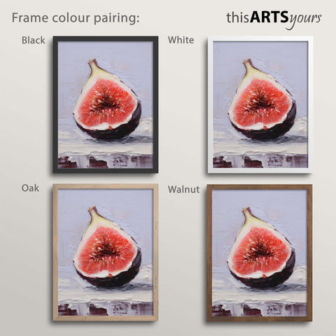 Four fig painting artworks with black, white, oak and walnut frames , featuring 'thisARTSyours' branding.