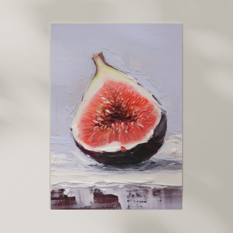 Art print painting of a sliced fig on a textured surface.