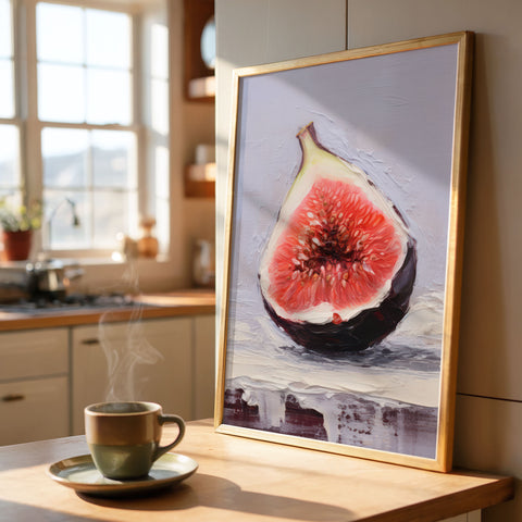 Framed art print of a sliced fig on a kitchen counter with a steaming cup of coffee.