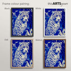 Four artworks of a blue leopard in black, white, oak and walnut frames.