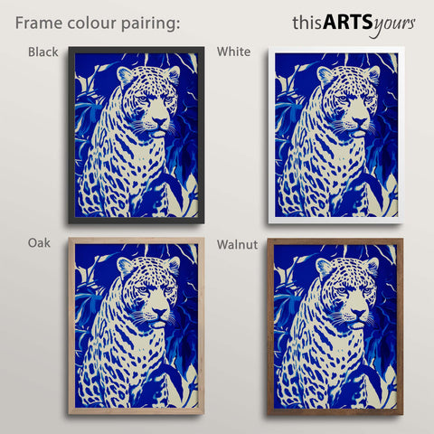 Four artworks of a blue leopard in black, white, oak and walnut frames.