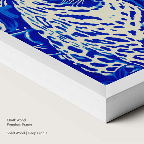 Framed artwork of a blue leopard in a chalk wood frame.