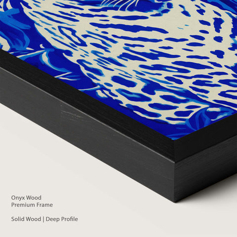 Framed artwork of a blue leopard in a onyx wood frame.