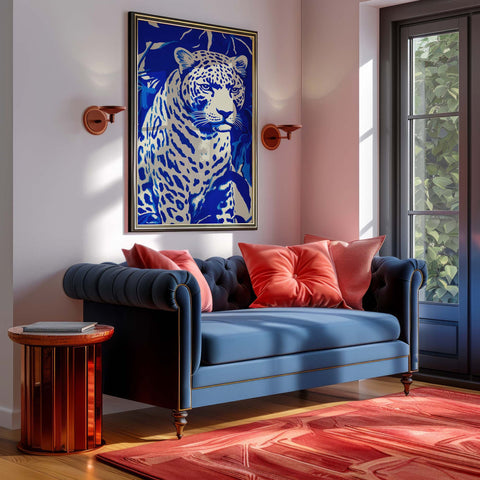 Blue sofa with pink cushions in a room with a large window and a framed art print of a leopard on the wall.