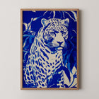 Bold blue leopard wall art print titled Electric Leopard featuring stylized animal illustration with striking contrast.