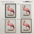 Four pink flamingo artworks with black, white, oak and walnut frames , featuring 'thisARTSyours' branding.