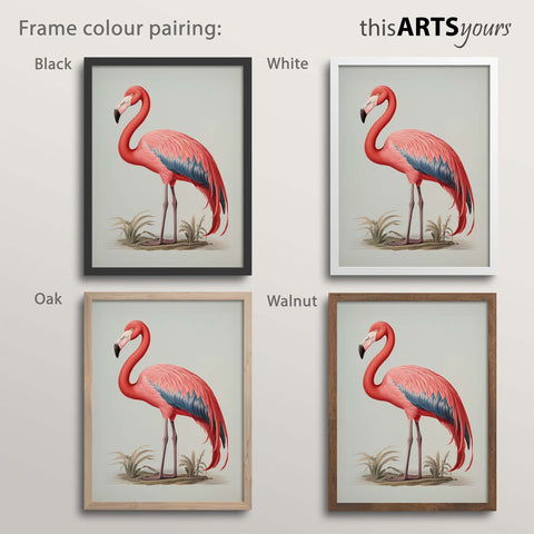 Four pink flamingo artworks with black, white, oak and walnut frames , featuring 'thisARTSyours' branding.