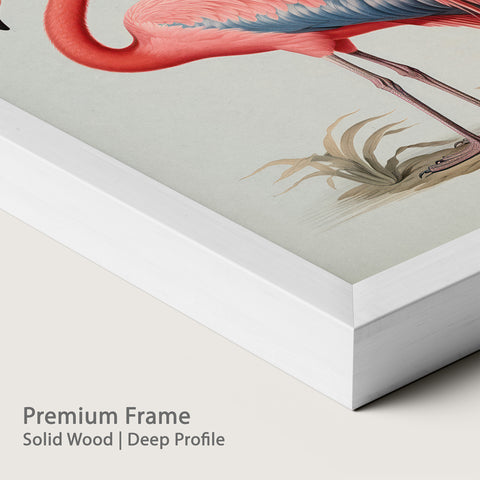 Framed artwork of a flamingo with a chalk wood frame.