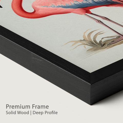 Framed artwork of a flamingo with a onyx wood frame.