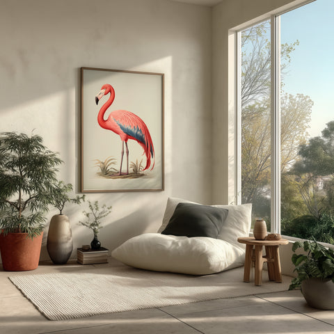 Modern living room with a pink flamingo art print on the wall,  and large windows.