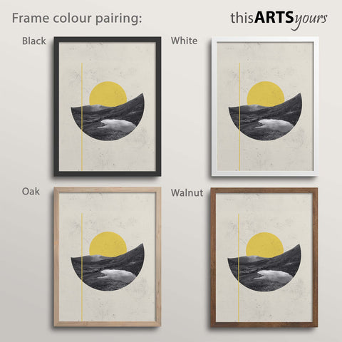 Four abstract horizon artworks with black, white, oak and walnut frames , featuring 'thisARTSyours' branding.