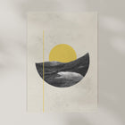 Abstract art print with a yellow sun and black mountains on a beige background