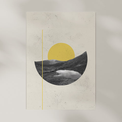 Abstract art print with a yellow sun and black mountains on a beige background