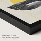 Framed artwork in premium onyx wood with a mountain landscape and yellow circle.
