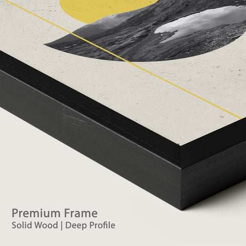 Framed artwork in premium onyx wood with a mountain landscape and yellow circle.