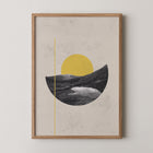 Framed art print with a yellow circle and black landscape on a beige background