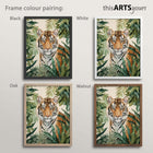 Framed artwork of a tiger with black, white, oak and walnut colour options on a plain background.