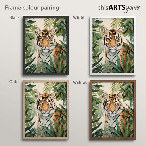 Framed artwork of a tiger with black, white, oak and walnut colour options on a plain background.