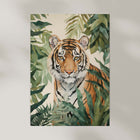 Art print of a tiger surrounded by tropical leaves on a plain background