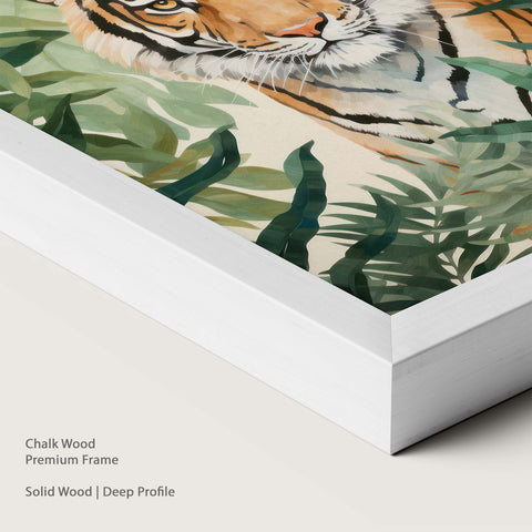 Framed artwork of a tiger among leaves with a chalk wood frame.