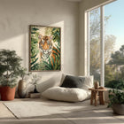 Living room with a tiger art print on the wall, plants, and a large window.