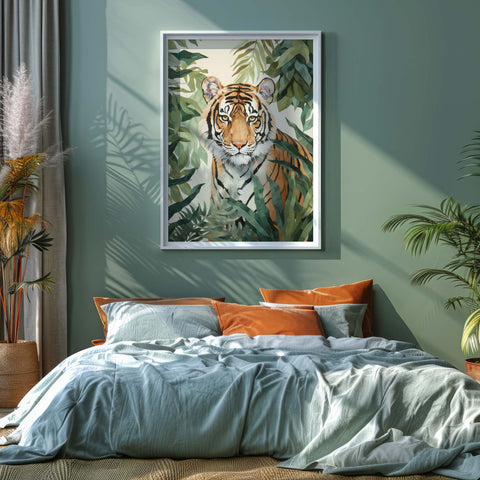 Bedroom with a tiger art print on the wall, surrounded by plants and pillows.