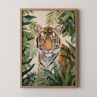 Tiger wall art print titled Jungle Majesty with rich green foliage and detailed jungle composition in a bold style.
