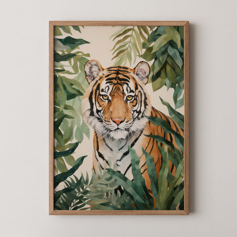 Tiger wall art print titled Jungle Majesty with rich green foliage and detailed jungle composition in a bold style.