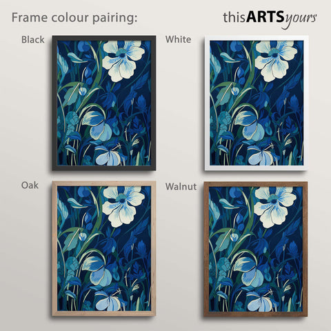 Four floral artworks with black, white, oak and walnut frame colours on plain background, featuring 'thisARTSyours' branding.