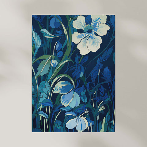 Floral art print with blue flowers on a neutral background.