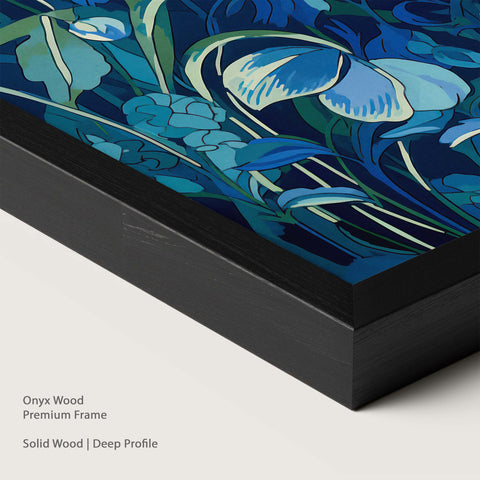 Artwork with blue and green floral design in a onyx wood frame.