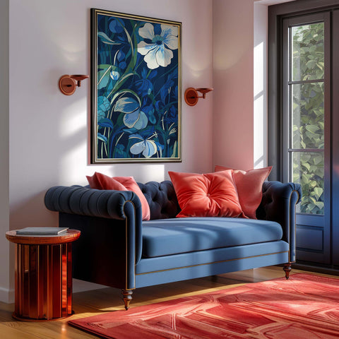 Blue sofa with pink cushions in a room with a floral art print on the wall.