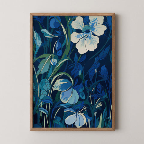 Floral wall art print titled Midnight Bloom featuring deep blue flowers and botanical details in a moody palette.