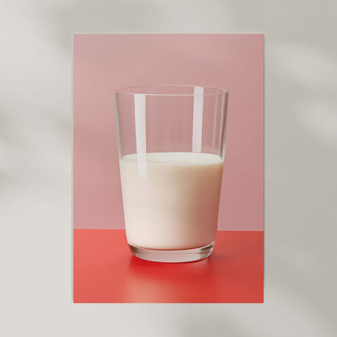 Art print of a glass of milk on a red and pink background.