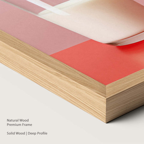 Close-up of a natural wood premium frame with a geometric design in the background.