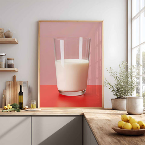 Framed art print of a glass of milk on a kitchen counter with decor elements.