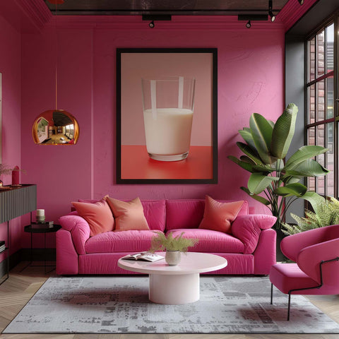 Modern living room with pink walls, furniture, and decor elements. Framed art print of a glass of milk on the wall.