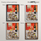 Four oysters and wine painting artworks with black, white, oak and walnut frames , featuring 'thisARTSyours' branding.