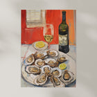 Art print of oysters on a plate with a bottle and glass against a red wall.